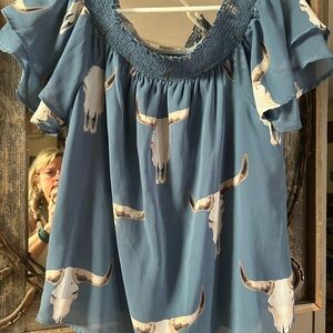 Fantastic Fawn Blue Smocked Ruffled Short Sleeve Blouse